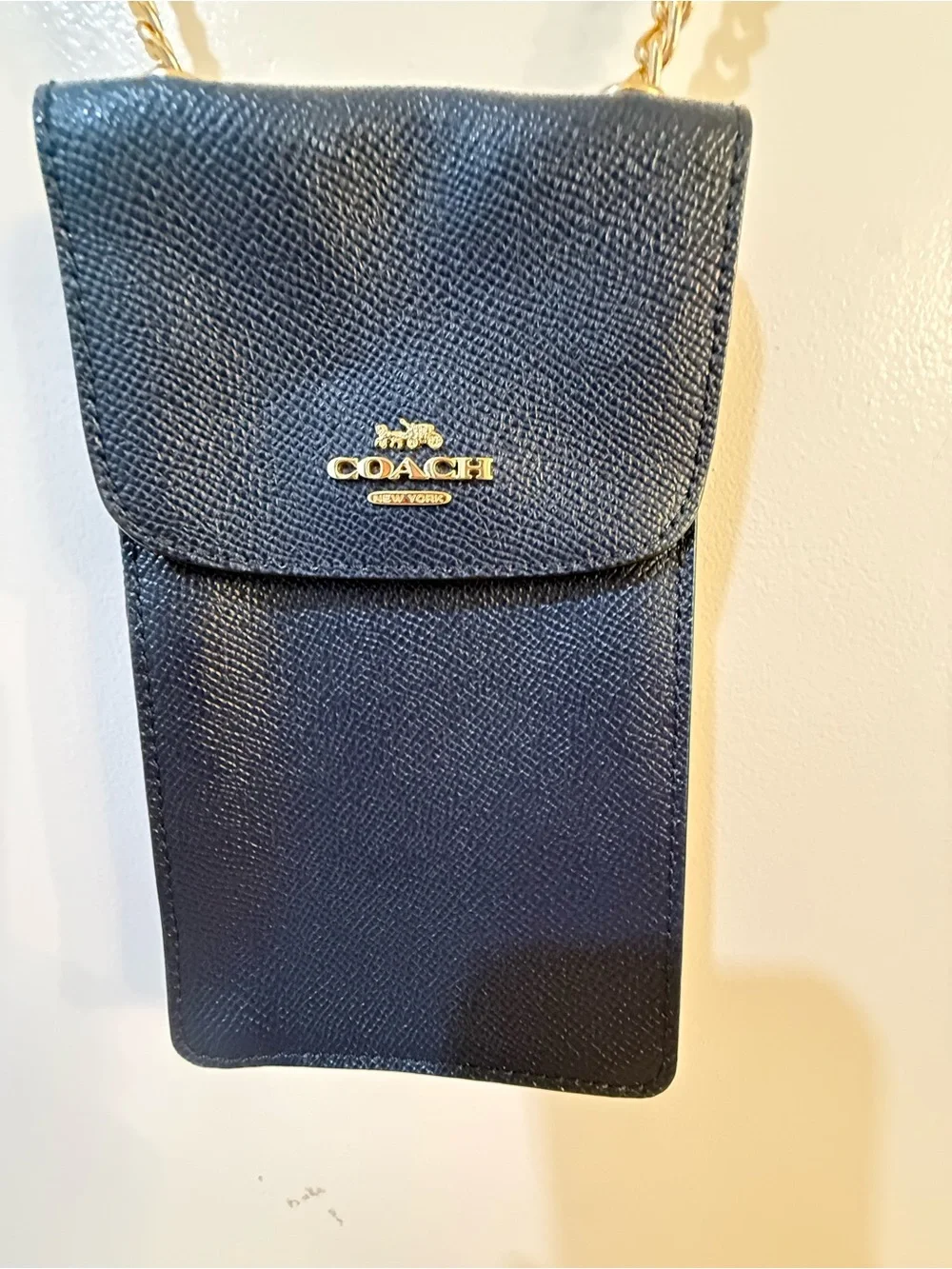 Coach Black Crossgrain Leather Phone Crossbody Gold Chain